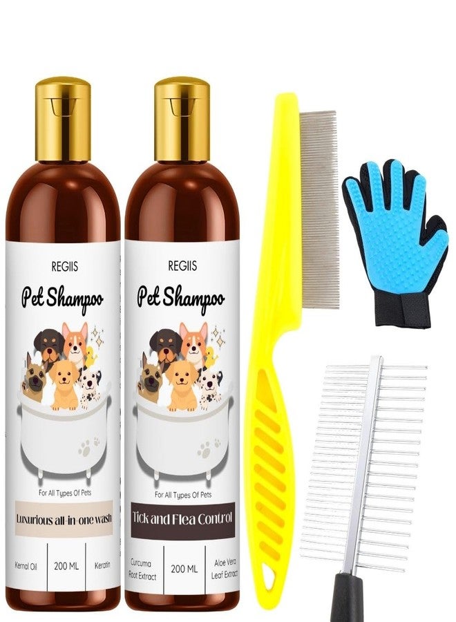 Regiis Pet Shampoo Set with Grooming Kit, 200ml All-in-One Wash and Tick Control Formula, Includes Comb and Grooming Glove(Pack of 5) - Image 1